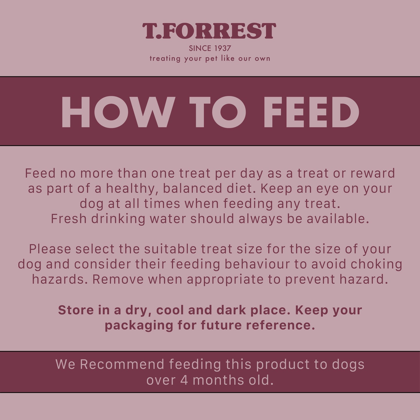 Instructions on how to feed a product by T. Forrest with a pink background