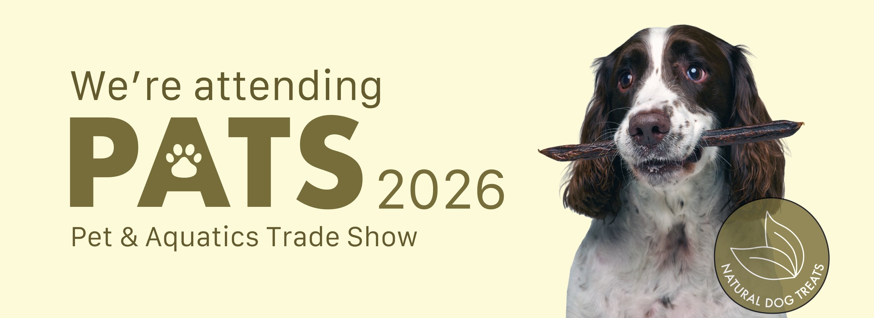 Promotional graphic for the PATS 2026 Pet & Aquatics Trade Show, featuring dog with a t forrest treat