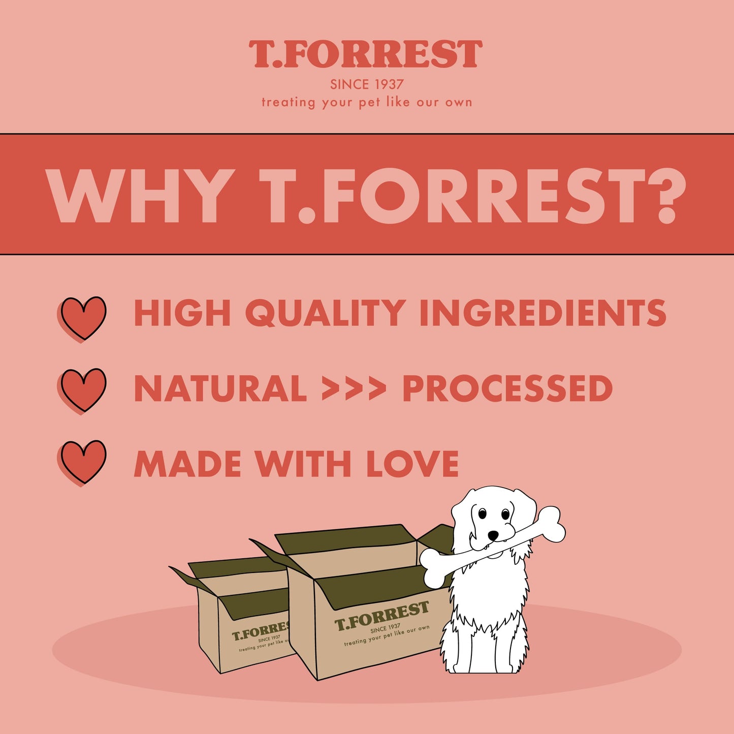 Promotional graphic for T.Forrest dog treats on a dusty pink background, featuring the brand name